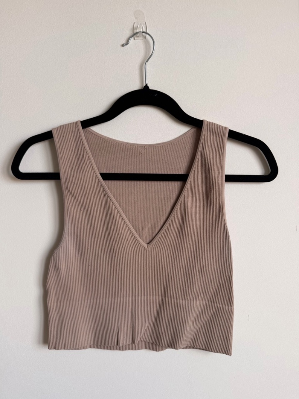 Ribbed V-Neck Crop Tank Top - Taupe